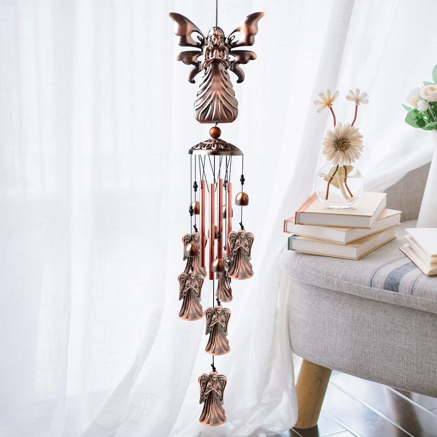 Festive Brass Angel Wind Chimes for outside ， Handcrafted with Deep Melodic Tone, Christmas/Birthday Decor for Garden & Patio Lovers, Unique Housewarming Present for Outdoor Spaces