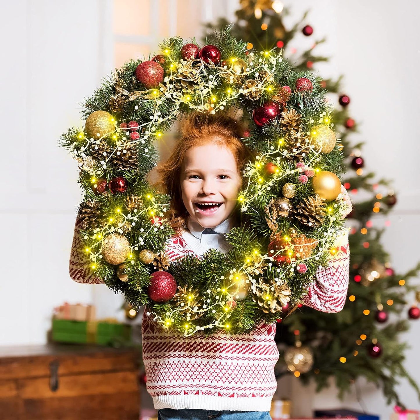 10 Feet 30 LED Christmas Light Metal Berry Beaded Garland Indoor Christmas String Lights for Fireplace Mantel Indoor Xma Light Decorations(White)