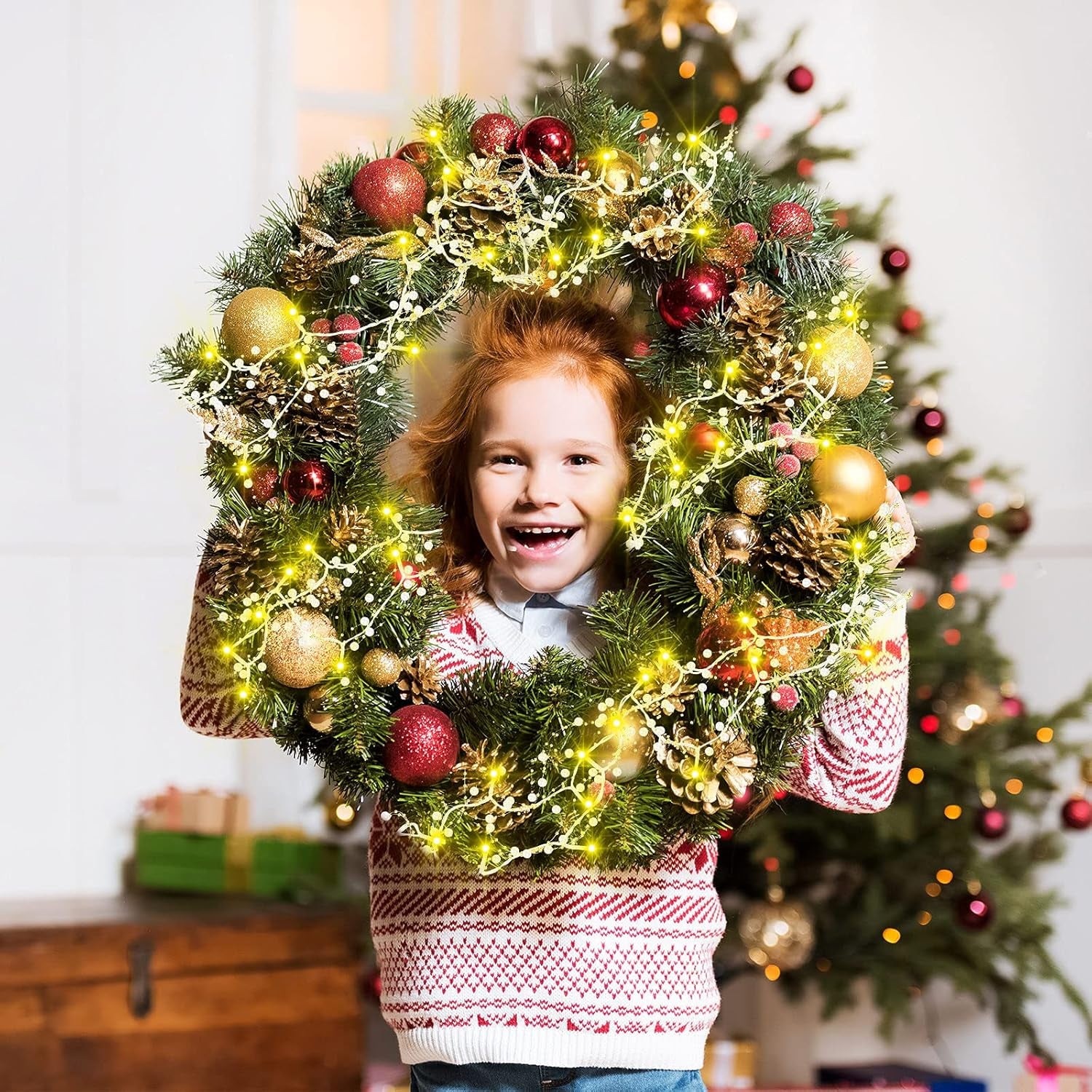 10 Feet 30 LED Christmas Light Metal Berry Beaded Garland Indoor Christmas String Lights for Fireplace Mantel Indoor Xma Light Decorations(White)