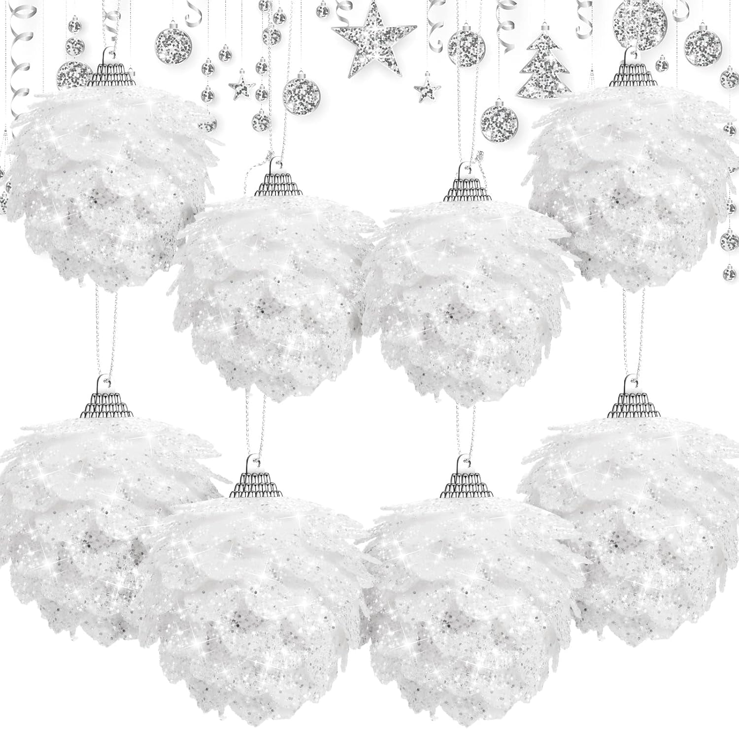 8 Pcs Christmas Ball Ornaments Artificial Pinecone Hanging Ornaments Glitter Faux Christmas Flower for Xmas Decor, 3.15/2.36 Inch(White)