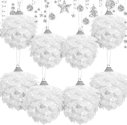 8 Pcs Christmas Ball Ornaments Artificial Pinecone Hanging Ornaments Glitter Faux Christmas Flower for Xmas Decor, 3.15/2.36 Inch(White)