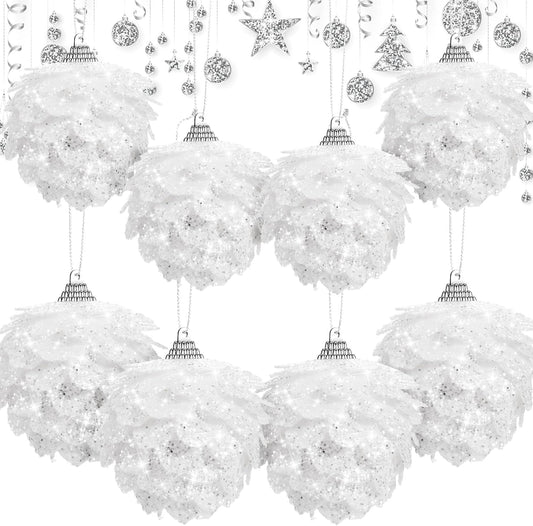 8 Pcs Christmas Ball Ornaments Artificial Pinecone Hanging Ornaments Glitter Faux Christmas Flower for Xmas Decor, 3.15/2.36 Inch(White)