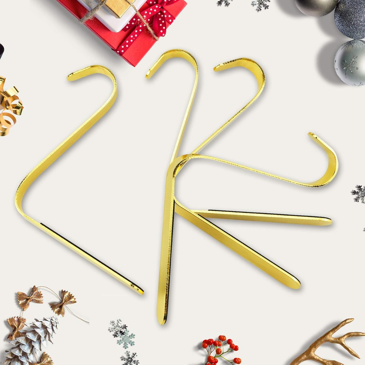 Christmas Stocking Holders Metal Stocking Hangers Non-Slip Christmas Stocking Hooks for Fireplace Mantle (Gold)