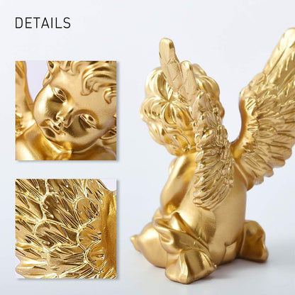 Set of 2 Cherubs Angels Resin Statue Figurine, Indoor Home Decoration, Adorable Angel Sculpture Memorial Statue 4" - Gold
