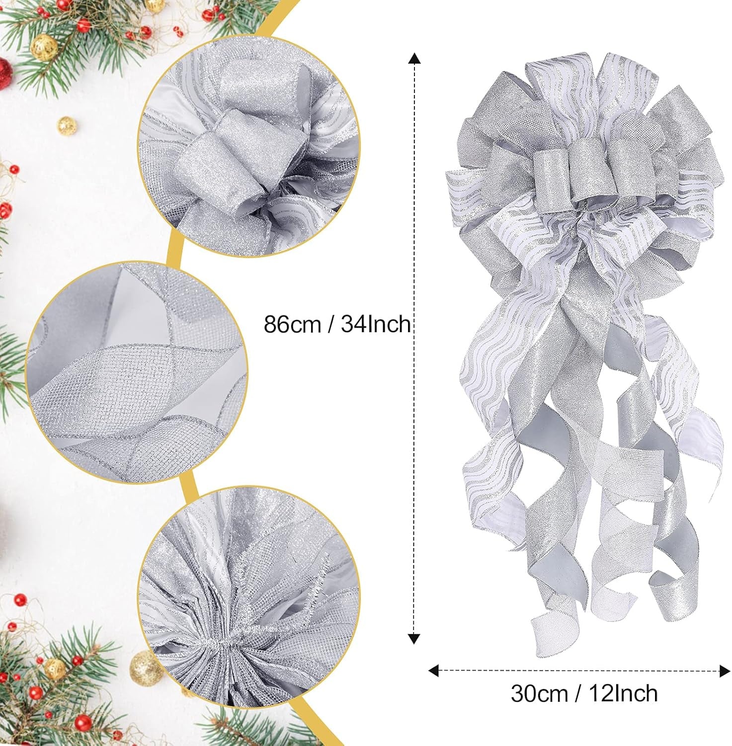 Christmas Tree Topper Decorations 34X12 Inch Large Christmas Bows Tree Ornaments and 24 Pcs Christmas Tree Flowers for Christmas Holiday Party Decorative (Silver)