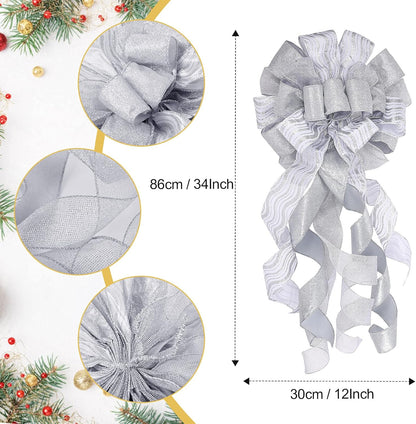 Christmas Tree Topper Decorations 34X12 Inch Large Christmas Bows Tree Ornaments and 24 Pcs Christmas Tree Flowers for Christmas Holiday Party Decorative (Silver)