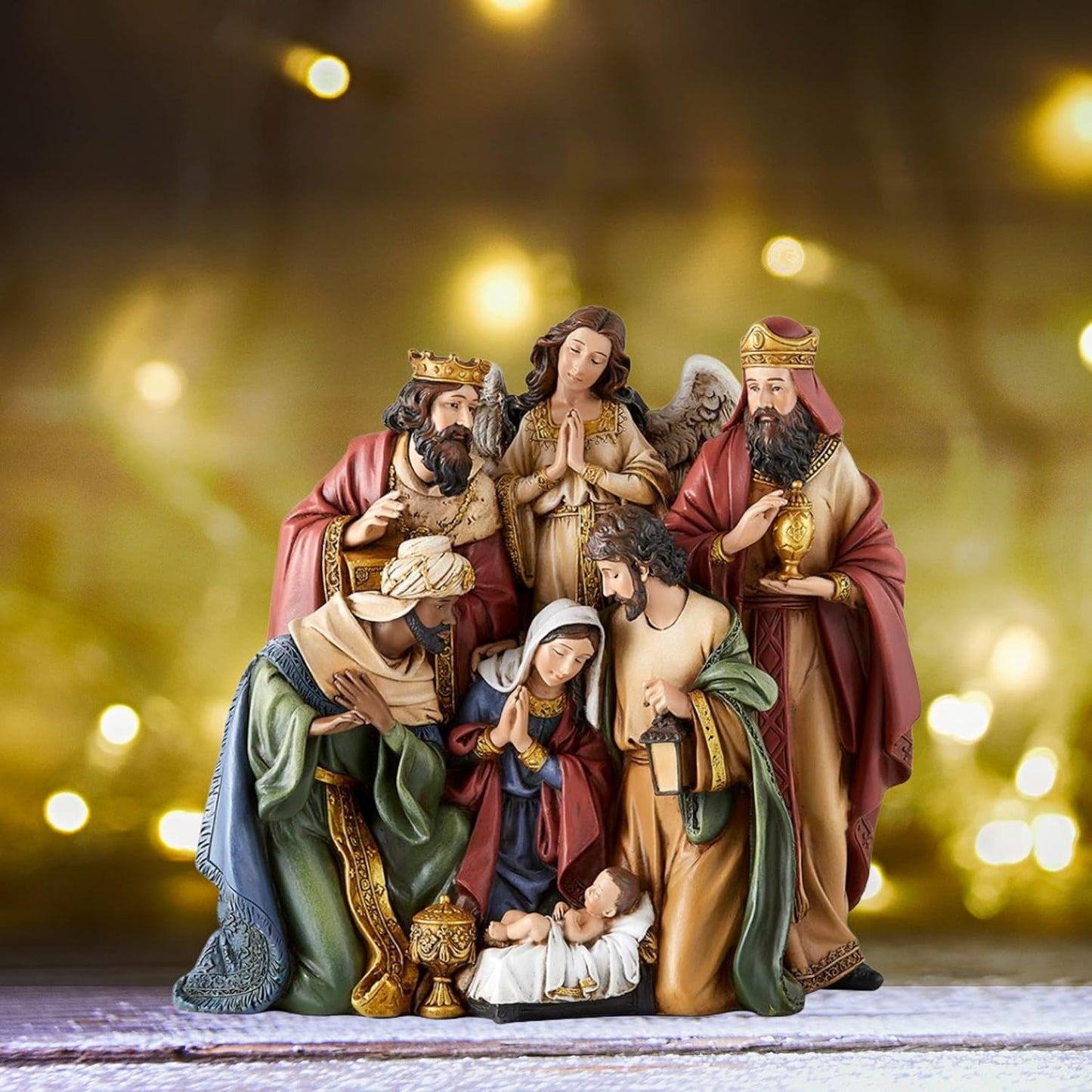 Christmas Nativity Sets Indoor Home Decor Figurine, Hand Sculpted Manger Scene Religious Christmas Table Top Decorations for Holidays, 8.75 Inches