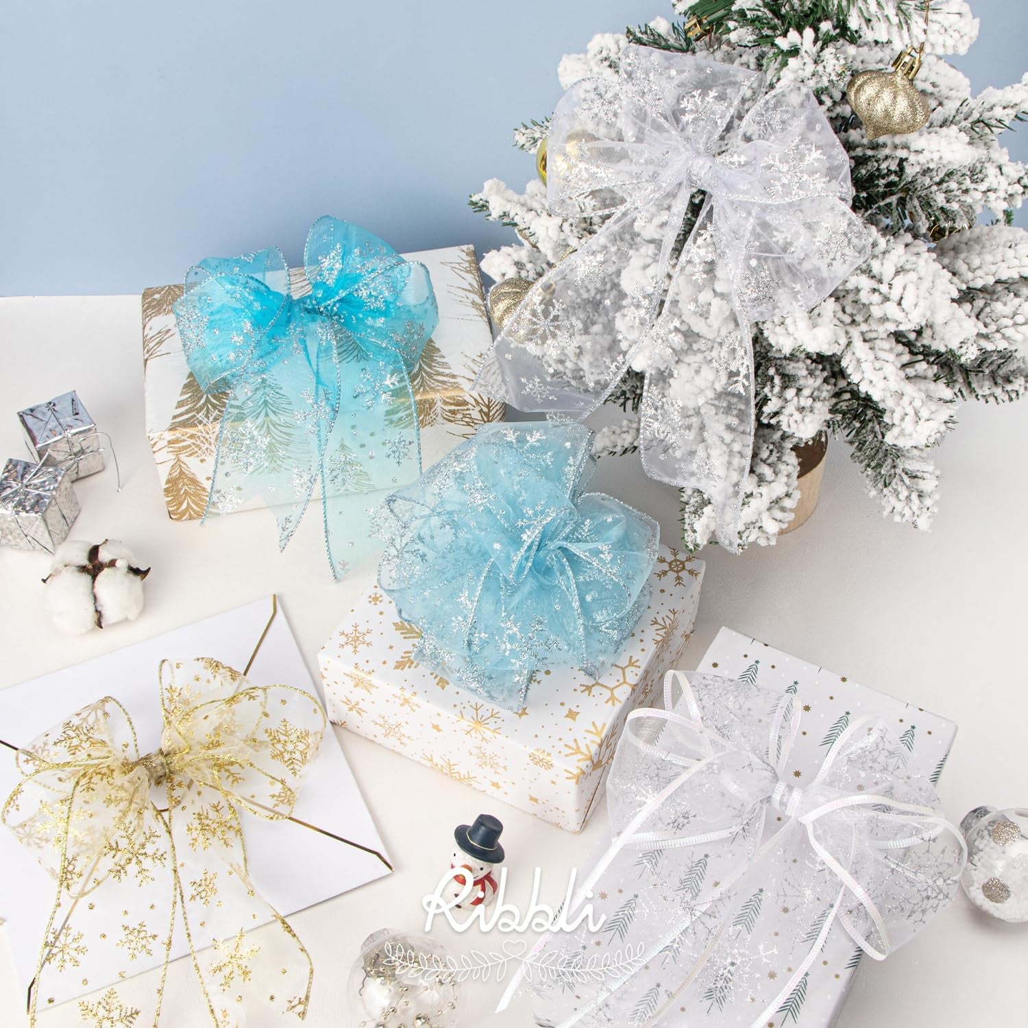 Snowflake Glitter Wired Ribbon,Turquoise Blue Organza Sheer with Silver Glitter Snowflake Pattern and Silver Metallic Edge,2-1/2 Inch X 10 Yards Christmas Ribbon for Tree Decoration