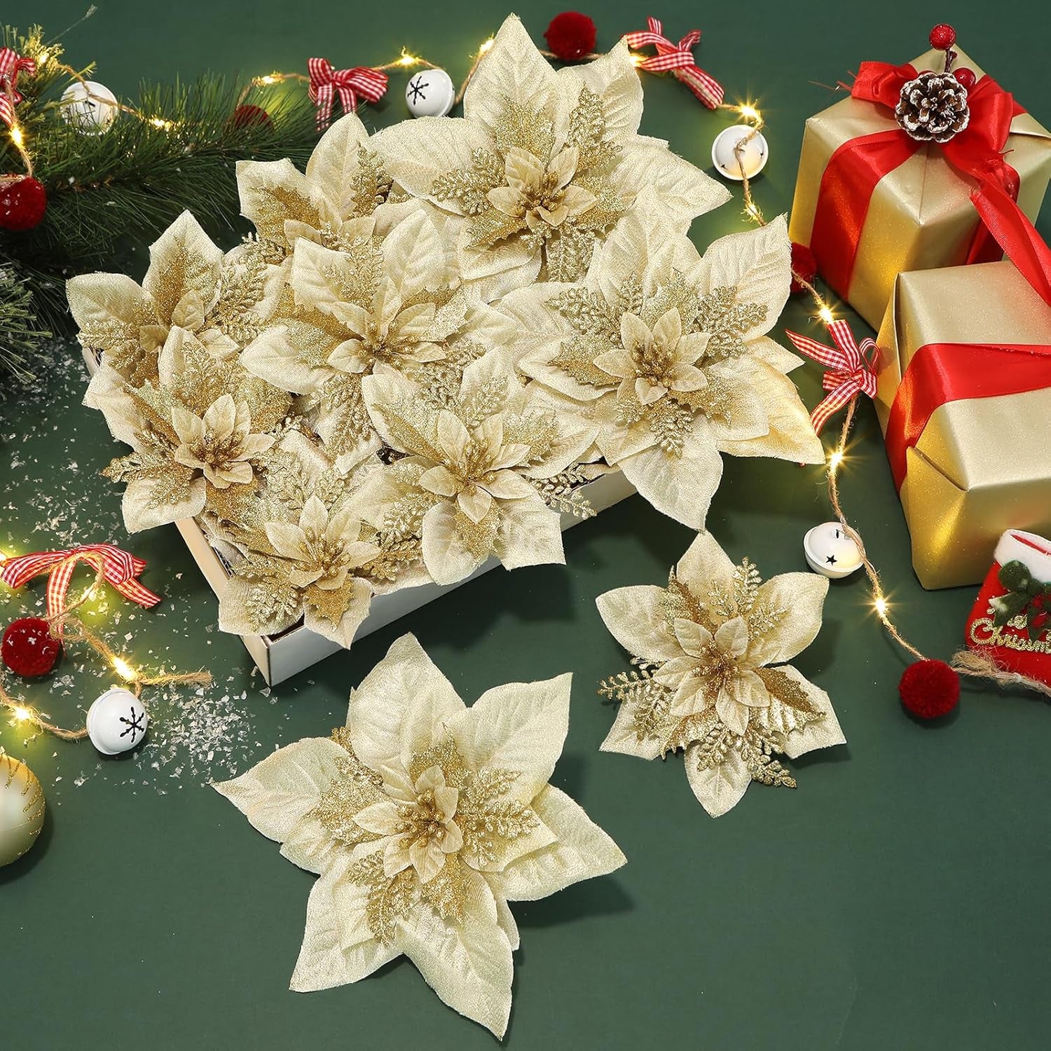 Artificial Poinsettia Christmas Flowers with Clips, Gold, 24 Pcs, Large Size