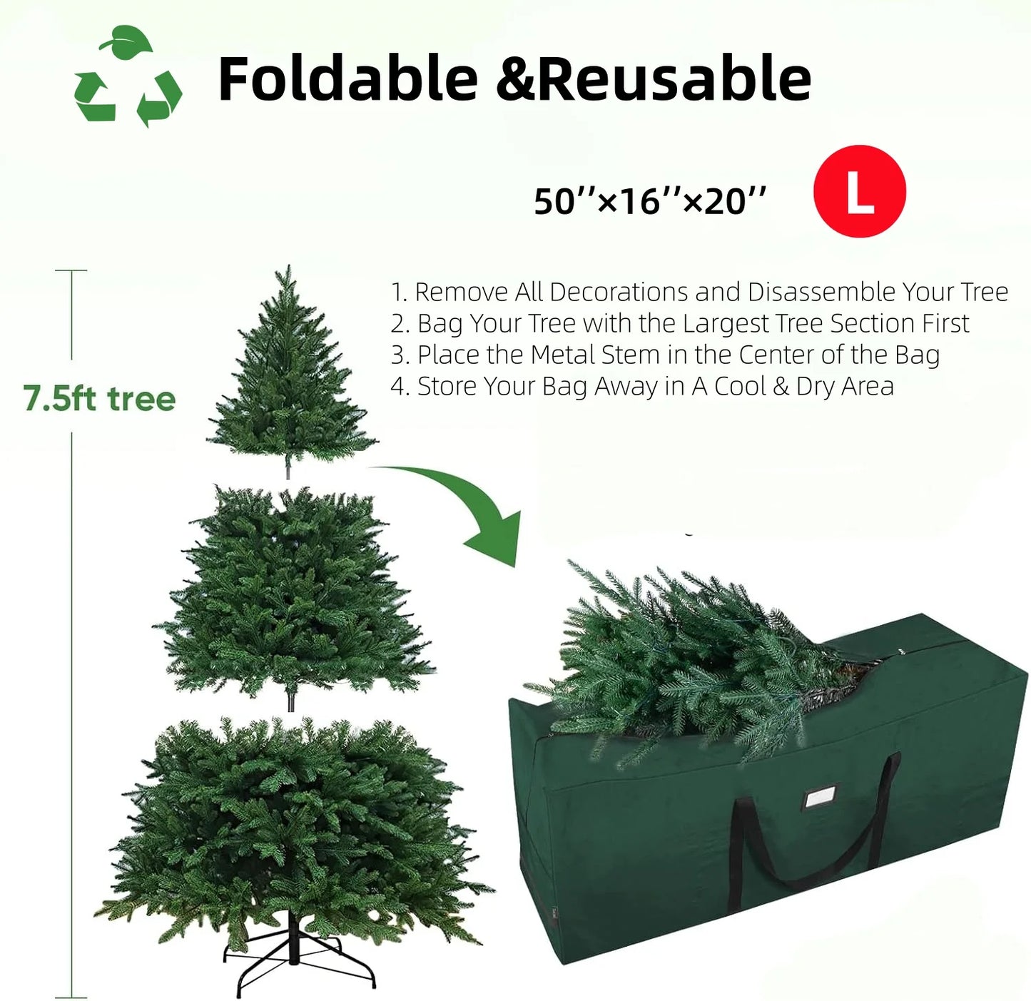 7.5 Ft Christmas Tree Storage Bag , for Big Artificial Xmas Tree,Holiday Trees, Green (50*16*20In)