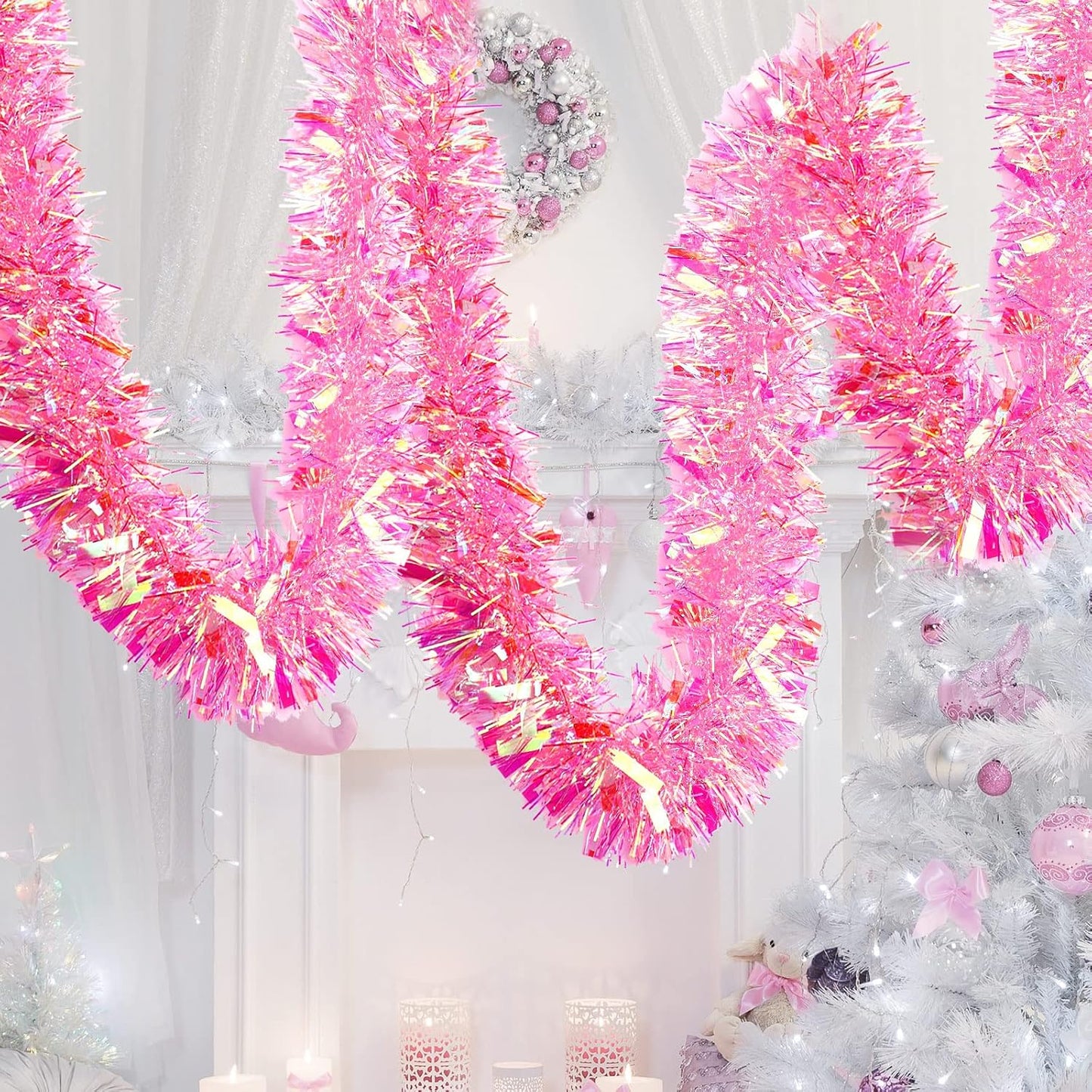 40 Feet Christmas Tinsel Garland Metallic Foil Twist Tinsel Garland Decoration for Christmas Tree, Wedding, Birthday and Party Hanging Decorations(Pink, Rainbow)