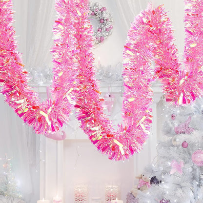 40 Feet Christmas Tinsel Garland Metallic Foil Twist Tinsel Garland Decoration for Christmas Tree, Wedding, Birthday and Party Hanging Decorations(Pink, Rainbow)