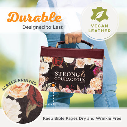 Protective Faux Leather Fashion Bible Cover Carry Case with Handle for Women: Strong and Courageous - Joshua 1:9 Inspirational Bible Verse - Merlot Floral Rose Bouquet, Large