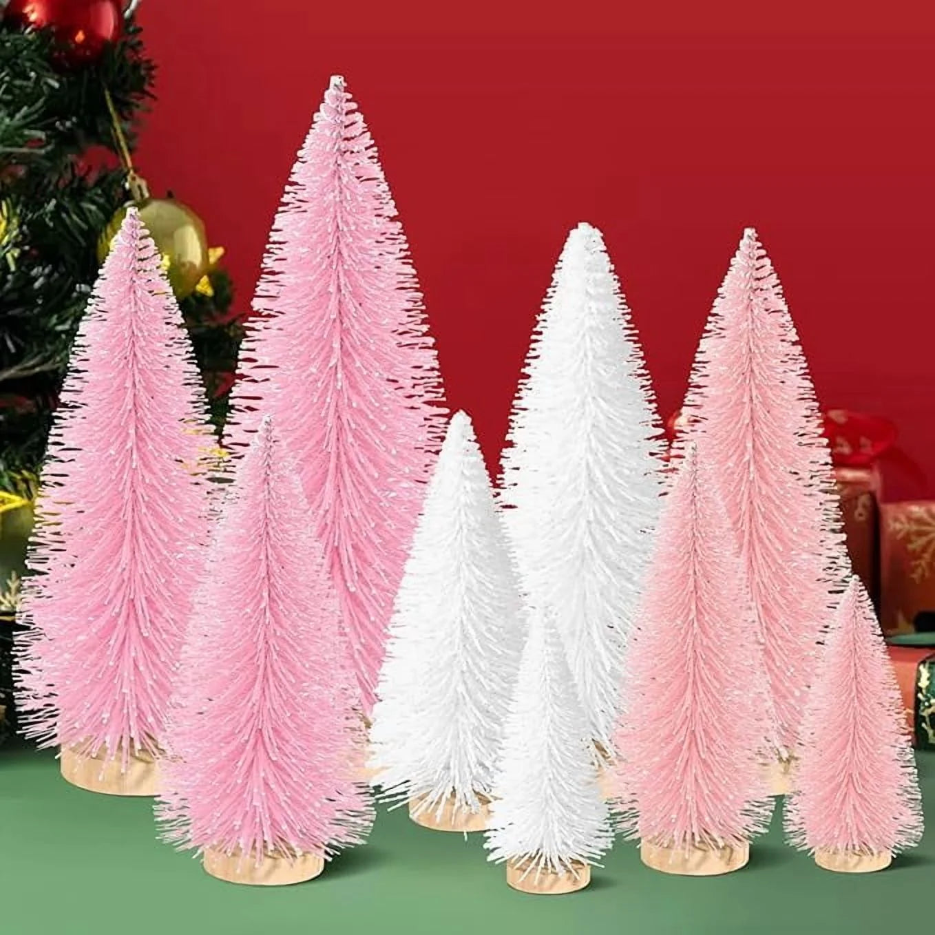 9Pcs Mini Christmas Trees Christmas Decor Artificial Christmas Decorations with 4 Sizes, Christmas Tree Bottle Brush Trees Christmas Table Decorations (Pink+White)