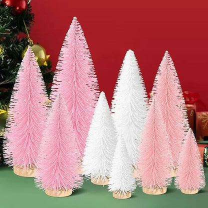 9Pcs Mini Christmas Trees Christmas Decor Artificial Christmas Decorations with 4 Sizes, Christmas Tree Bottle Brush Trees Christmas Table Decorations (Pink+White)