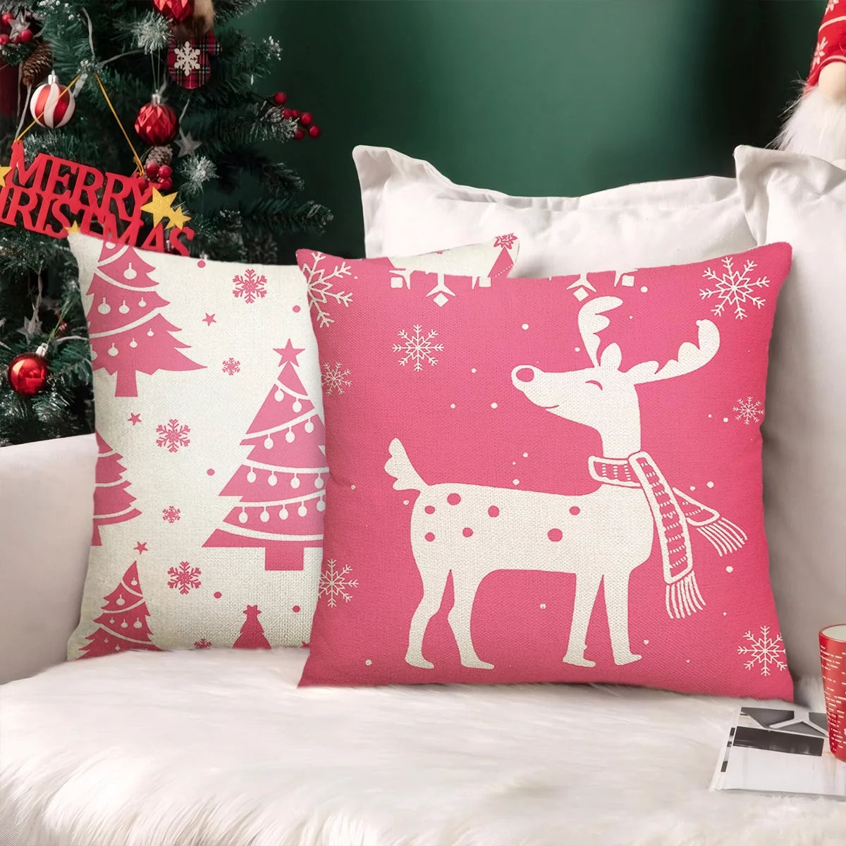 Christmas Throw Pillow Covers 18''X18'' Set of 4 Decorative Holiday Pillows Cover Cases Farmhouse Decor for Xmas Decoration Home Couch Sofa, Pink