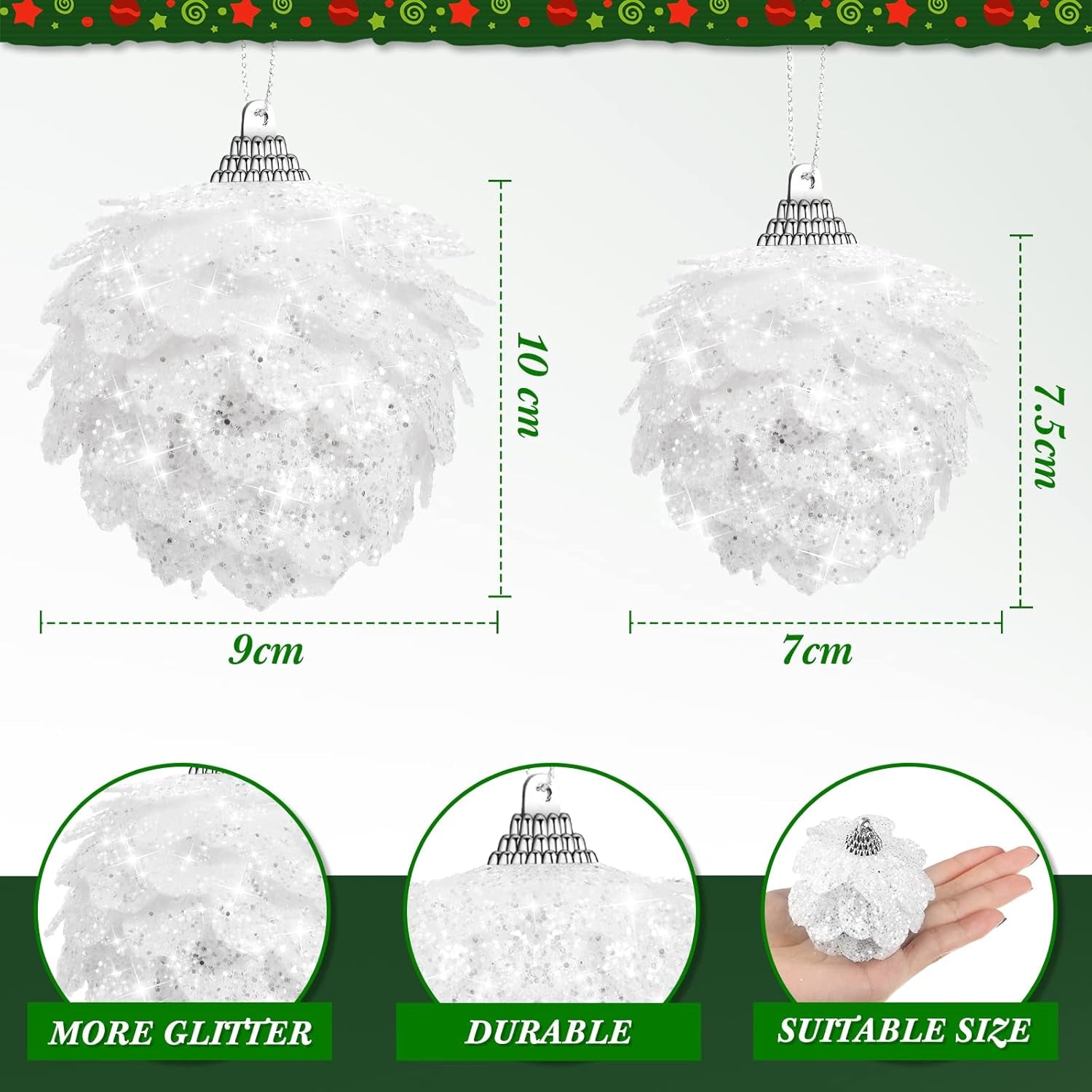 8 Pcs Christmas Ball Ornaments Artificial Pinecone Hanging Ornaments Glitter Faux Christmas Flower for Xmas Decor, 3.15/2.36 Inch(White)