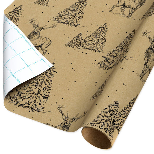 Brown and Black Stag Reindeer Kraft Christmas Wrapping Paper, 160 Sq Ft, by