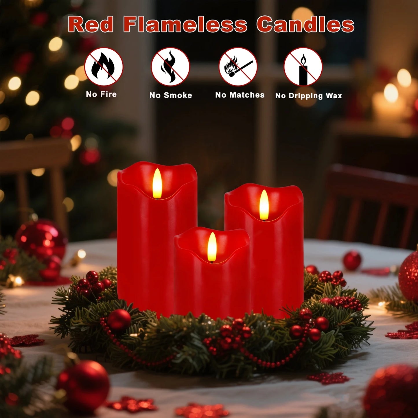 Flameless Candles Lights, Set of 3 Red Flickering LED Candles with Remote & Timer, Dimmable LED Pillar Candles Battery Operated, Electric Candles for Home Thanksgiving Christmas Decor