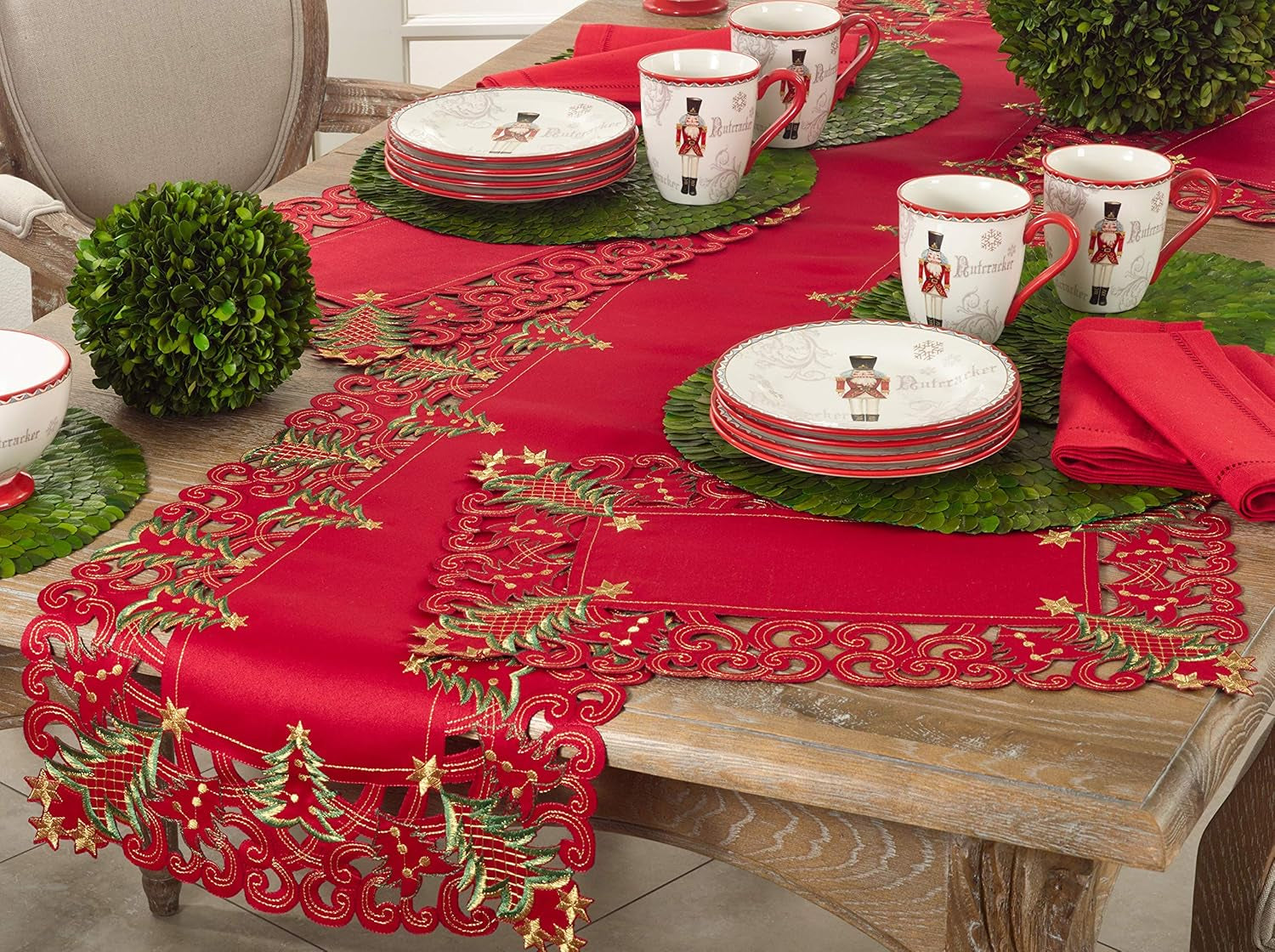 Pandoro Collection Holiday Embroidered Christmas Tree Cutwork Border 16 X 90 Inch Table Runner – Red Table Runner for Christmas Dinner, Family Gathering, Special Events and Home Décor