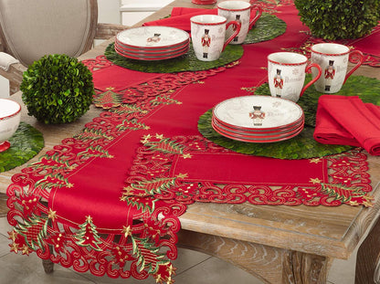 Pandoro Collection Holiday Embroidered Christmas Tree Cutwork Border 16 X 90 Inch Table Runner – Red Table Runner for Christmas Dinner, Family Gathering, Special Events and Home Décor