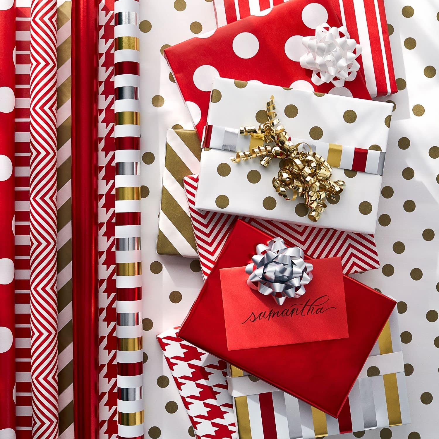 Wrapping Paper Rolls for Christmas or Any Occasion, Metallic Gold and Red Holiday Gift Wrap (120 Sq. Ft., 4 Rolls-30 In. X 12 Ft., Reversible) Stripes, Polka Dots, Zig Zags