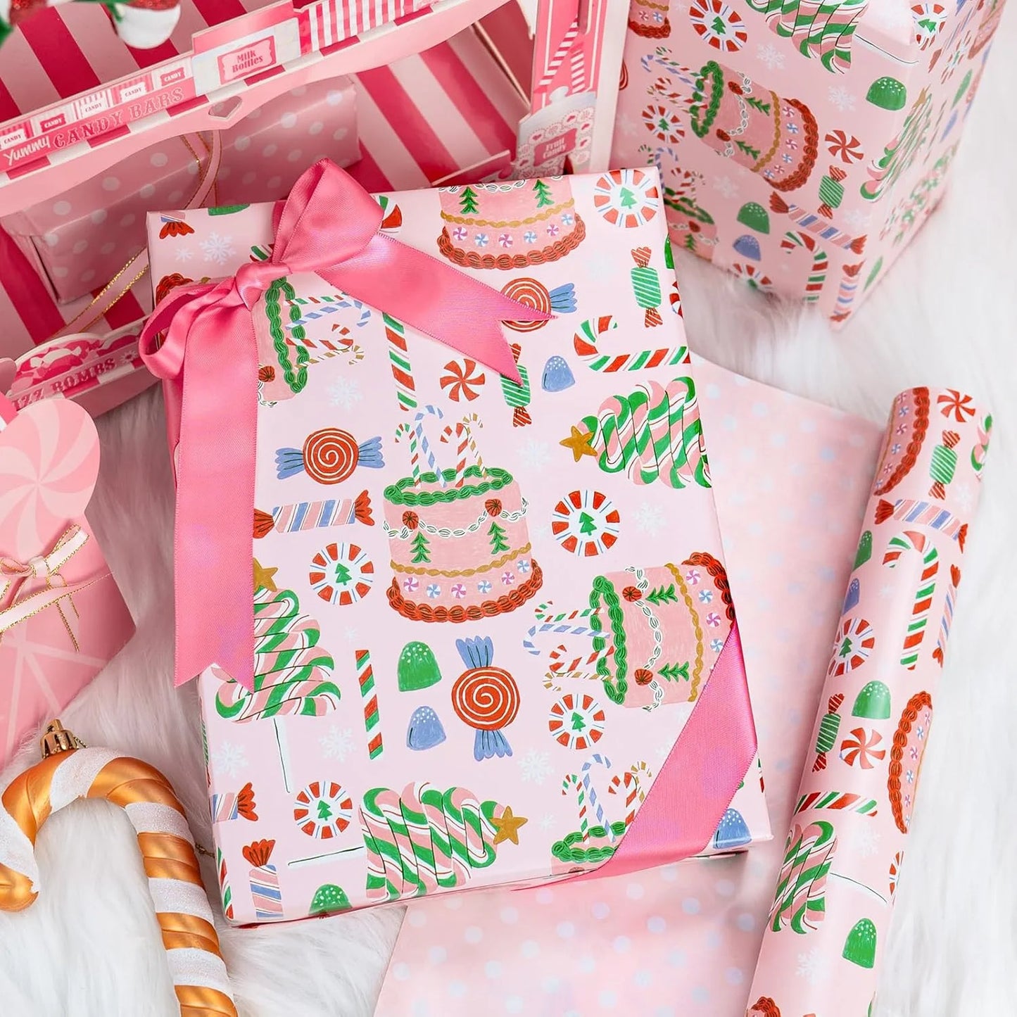 Girls Pink Wrapping Paper Roll, Pastel Cute Birthday Wrapping Paper W/Cakes, Reversible Modern Holiday Gift Wrap with Tree Present Candy Cane for Christmas, Party, Decorative Craft Supply