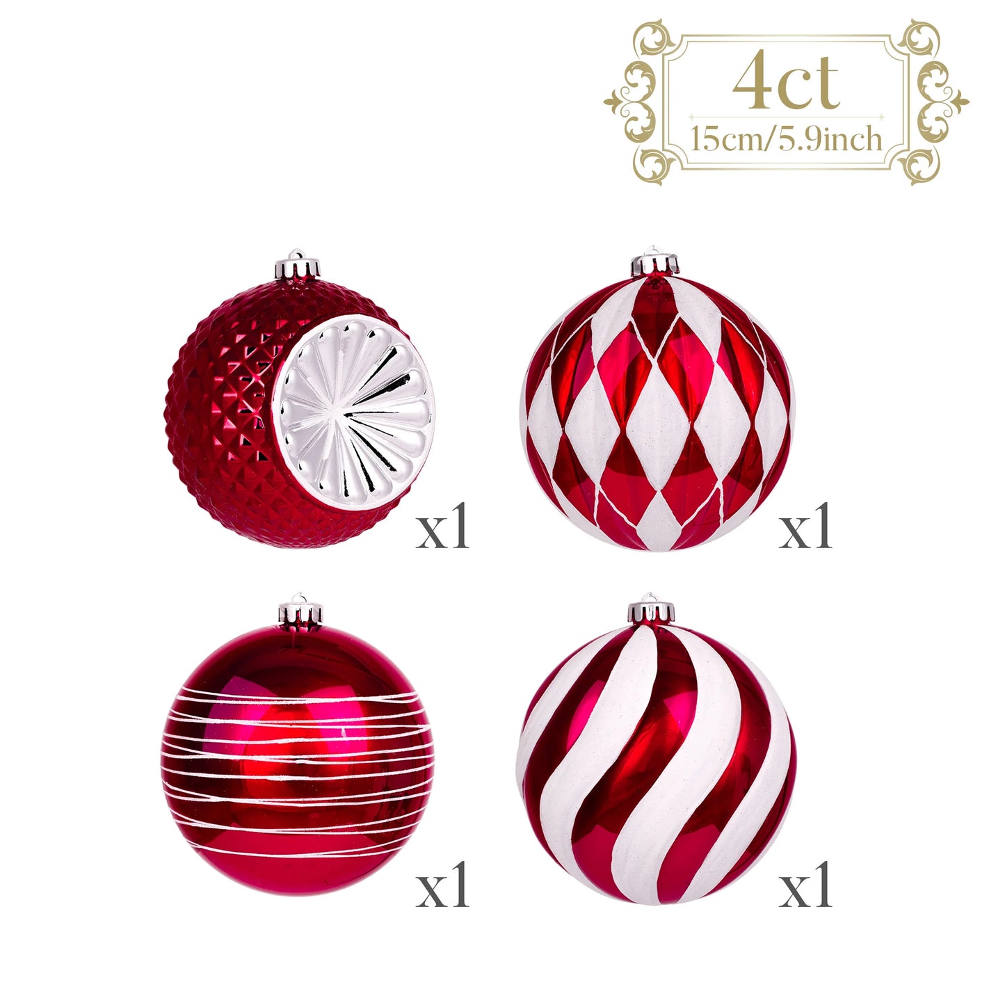 4Ct 5.9" Christmas Ornaments, Red White Christmas Ball Ornaments for Holiday Party Decor