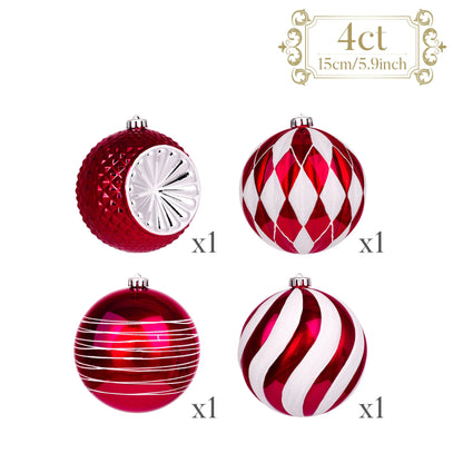 4Ct 5.9" Christmas Ornaments, Red White Christmas Ball Ornaments for Holiday Party Decor