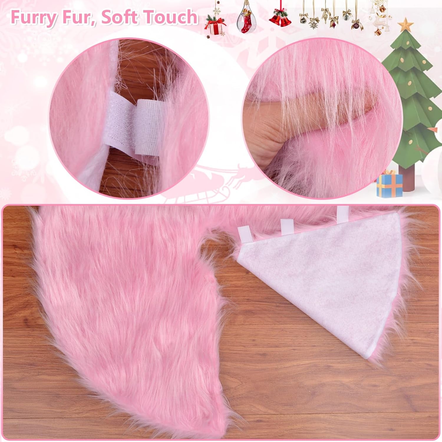 Pink Christmas Tree Skirt Fur,48 Inches Large Fuzzy Fur Candy Tree Skirt Rug Pink Christmas Halloween Decor&Ornaments for 7-7.5Ft Christmas Trees