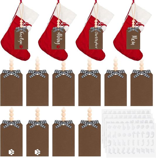 10 Pieces Christmas Stocking Name Tags Wood Stocking Name Tag Unfinished Personalized Wood Stocking Tags Wooden Hanging Name Tag with 4 Pieces Letter Stickers a to Z for Christmas Decoration (Brown)