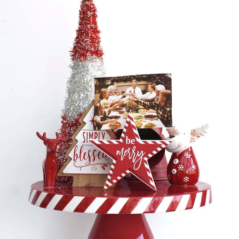 6 In. Red Star-Shaped Christmas Wood Tabletop Photo Holder with Be Merry Text