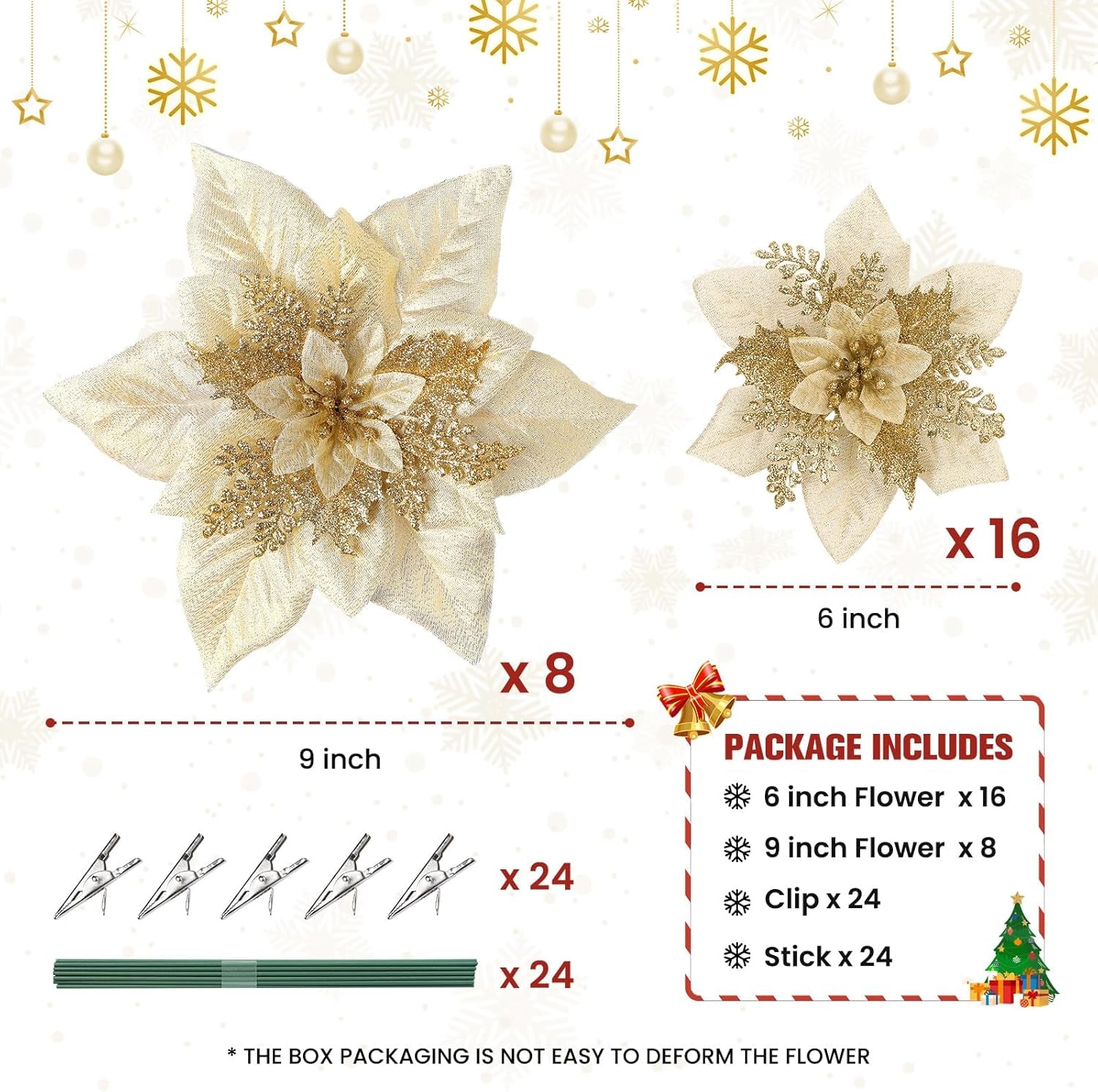 Artificial Poinsettia Christmas Flowers with Clips, Gold, 24 Pcs, Large Size