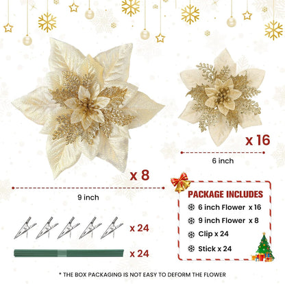 Artificial Poinsettia Christmas Flowers with Clips, Gold, 24 Pcs, Large Size
