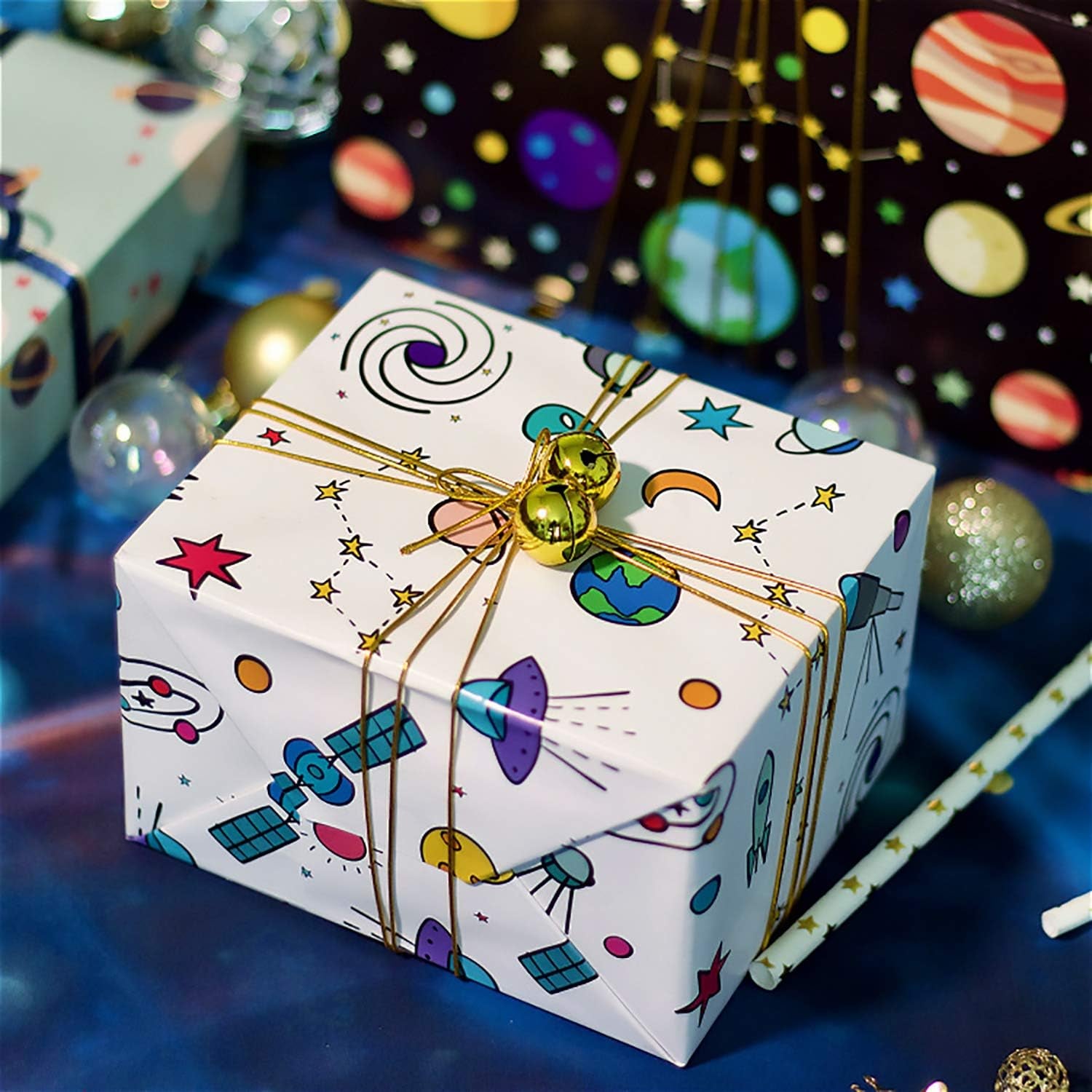 6 Sheets Gift Wrapping Paper Birthday, Boys Outer Space Design Wrapping Paper for Kids Present Birthday Party and Baby Shower