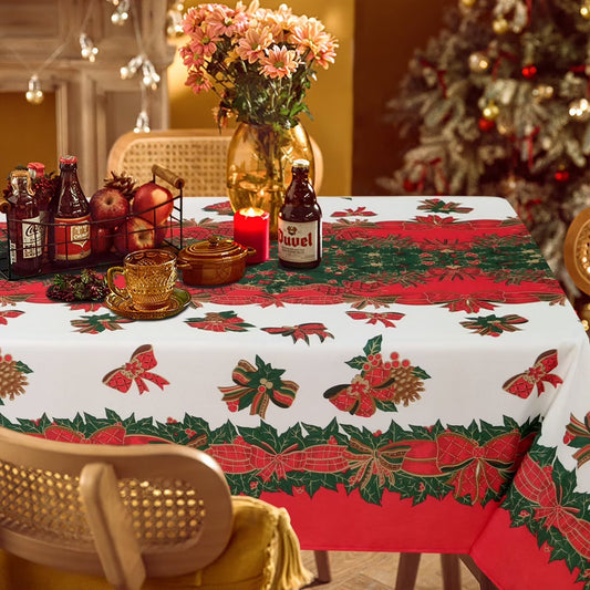Christmas Tablecloth Rectangle - 60X84 Inch Holly Ribbon Pattern Washable Wrinkle Resistant Holiday Tablecloths for Christmas Family Gathering, Dining Room Table Decoration 130GSM