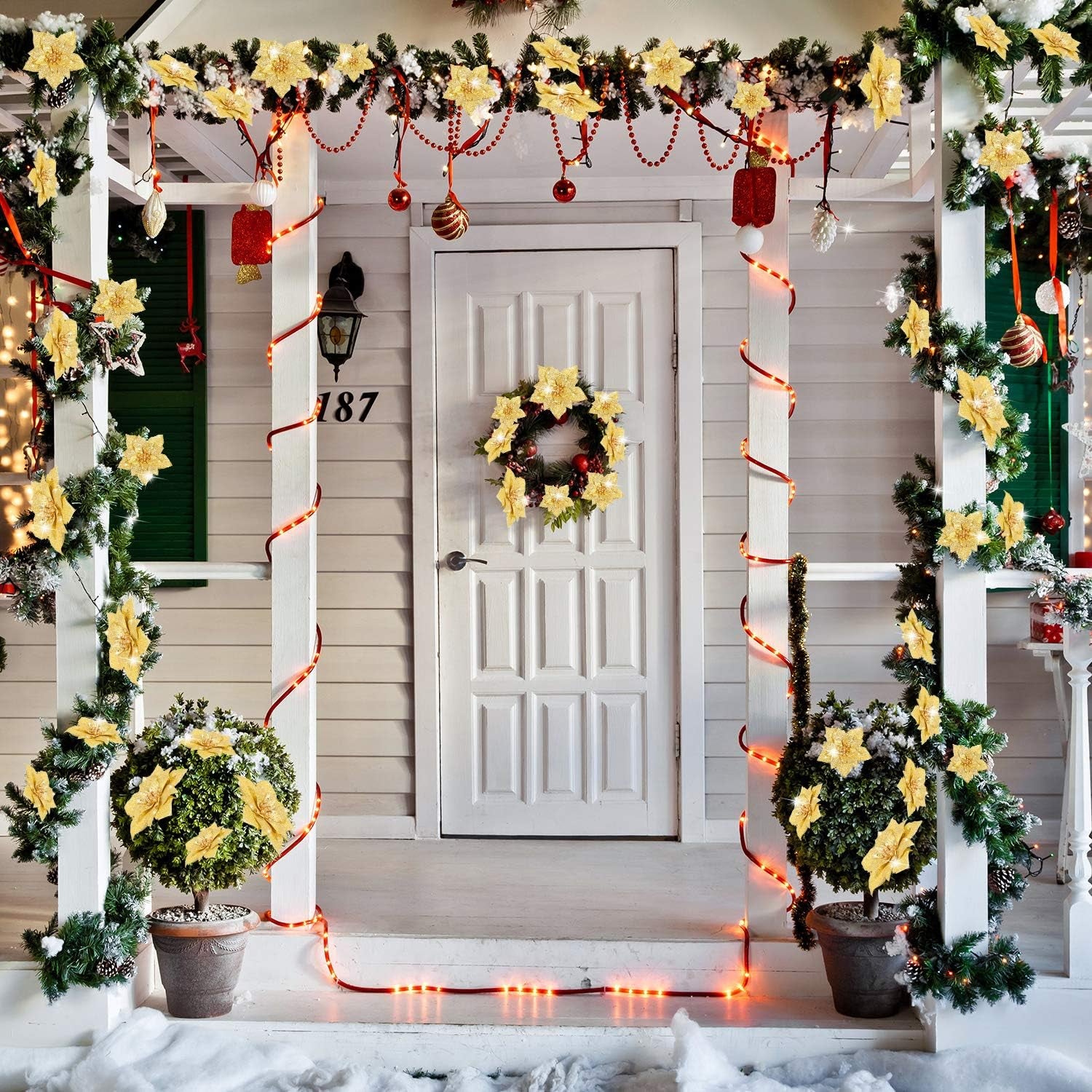 36 Pieces Christmas Glitter Poinsettia Faux Flowers Christmas Flowers Decorations Wedding Xmas Tree New Year Ornaments(Gold)