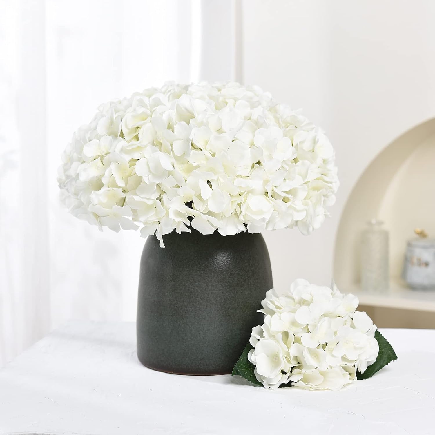 10PCS Silk Hydrangea Heads with Stems Artificial Flowers for Wedding Party Home Decor (Off White), One Size Off