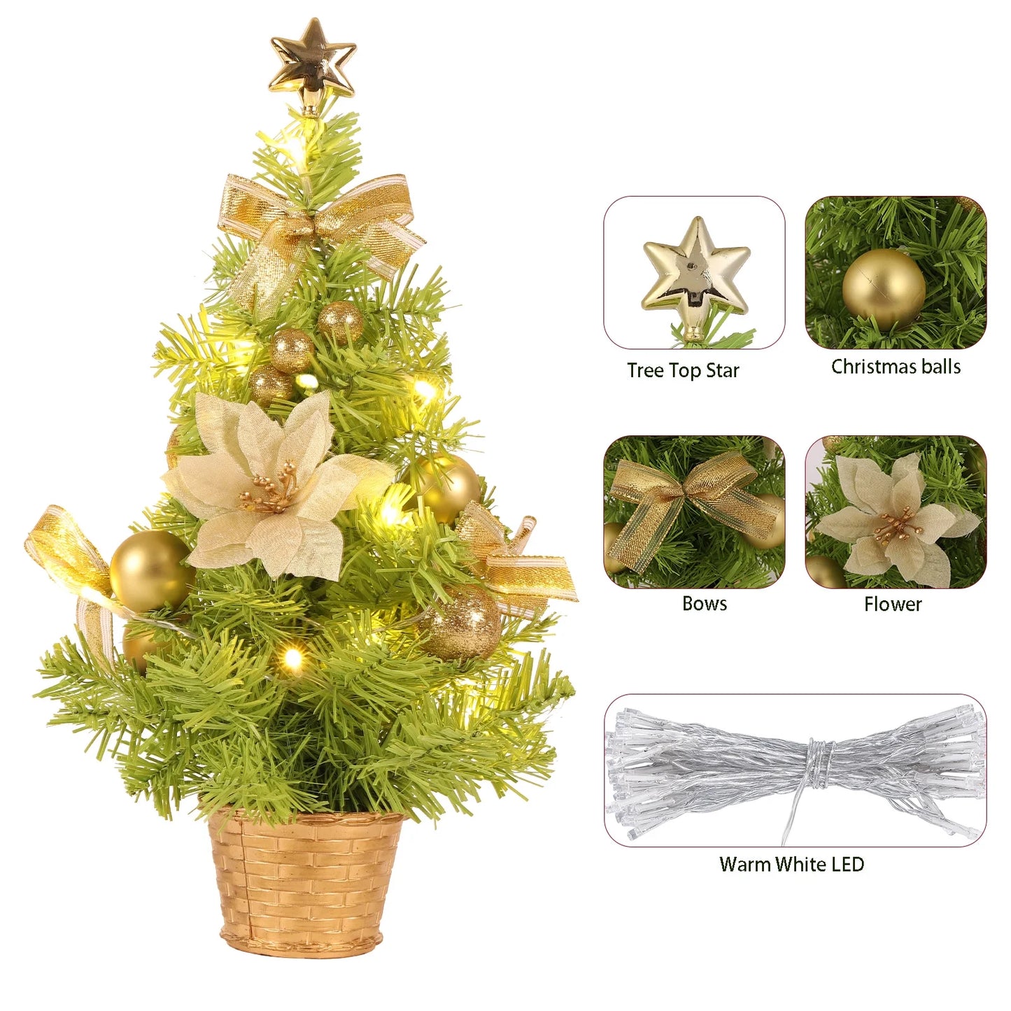 18-Inch Artificial Mini Christmas Tree with LED String Lights and Ornaments for Festive Tabletop Decor