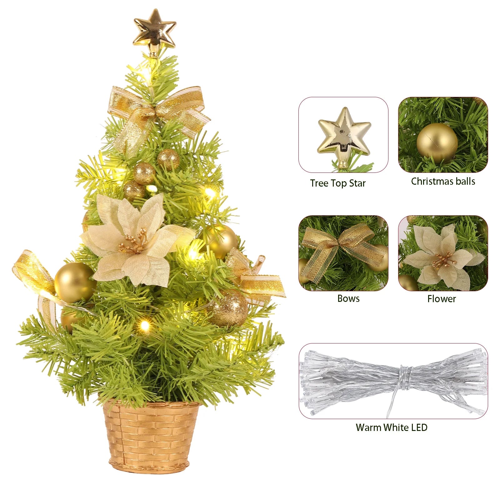 18-Inch Artificial Mini Christmas Tree with LED String Lights and Ornaments for Festive Tabletop Decor