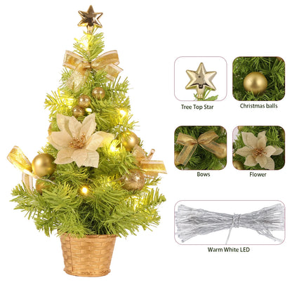 18-Inch Artificial Mini Christmas Tree with LED String Lights and Ornaments for Festive Tabletop Decor