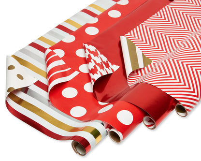 Reversible All-Occasion Wrapping Paper, Red and Gold Patterns (4 Rolls, 120 Sq. Ft)