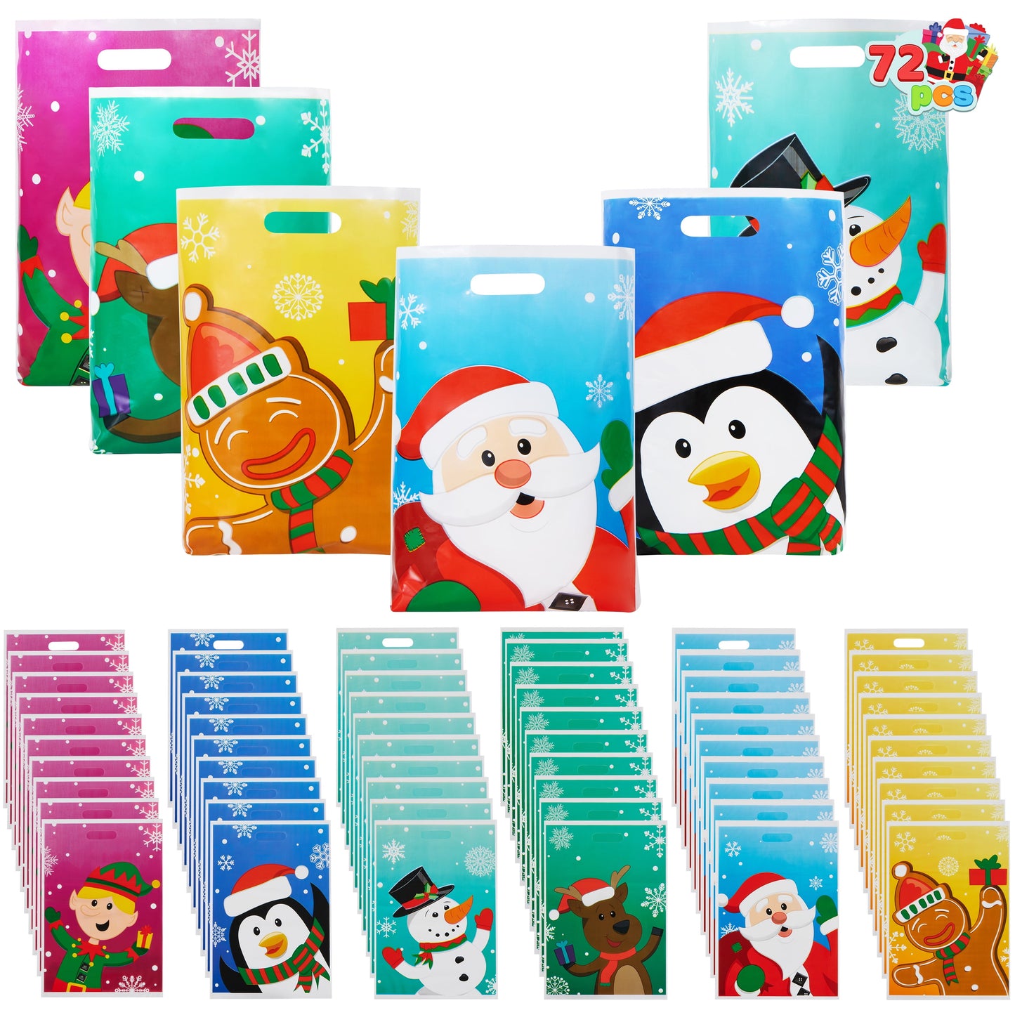 72 Pcs Christmas Bags for Xmas Holiday Goody Gift, 11" X 16"Christmas Snacks Plastic Shopping Bags with Handles for Present Wrapping, Festive Party Favor, Party Decoration Supplies