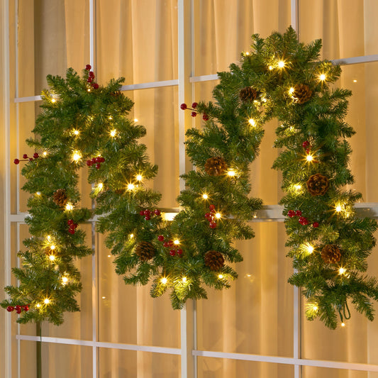 9FT Christmas Garlands with 100 LED, 27 Pine Cones, 27 Red Berries, 8 Modes for Outdoor Indoor Xmas Decoration Fireplace Stairs Doorway Railings Decor, Battery Operated
