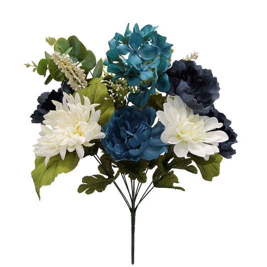21.5 Inch Artificial Flower Hydrangea Peony Bouquet, Navy Cream Color. Indoor Use.