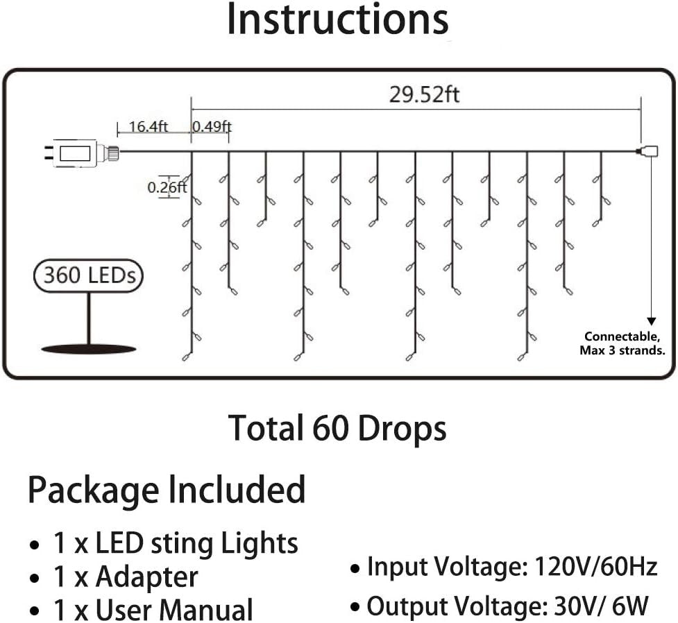 Christmas Icicle Lights Outdoor, 360 LED 29.5Ft 8 Modes Fairy Icicle String