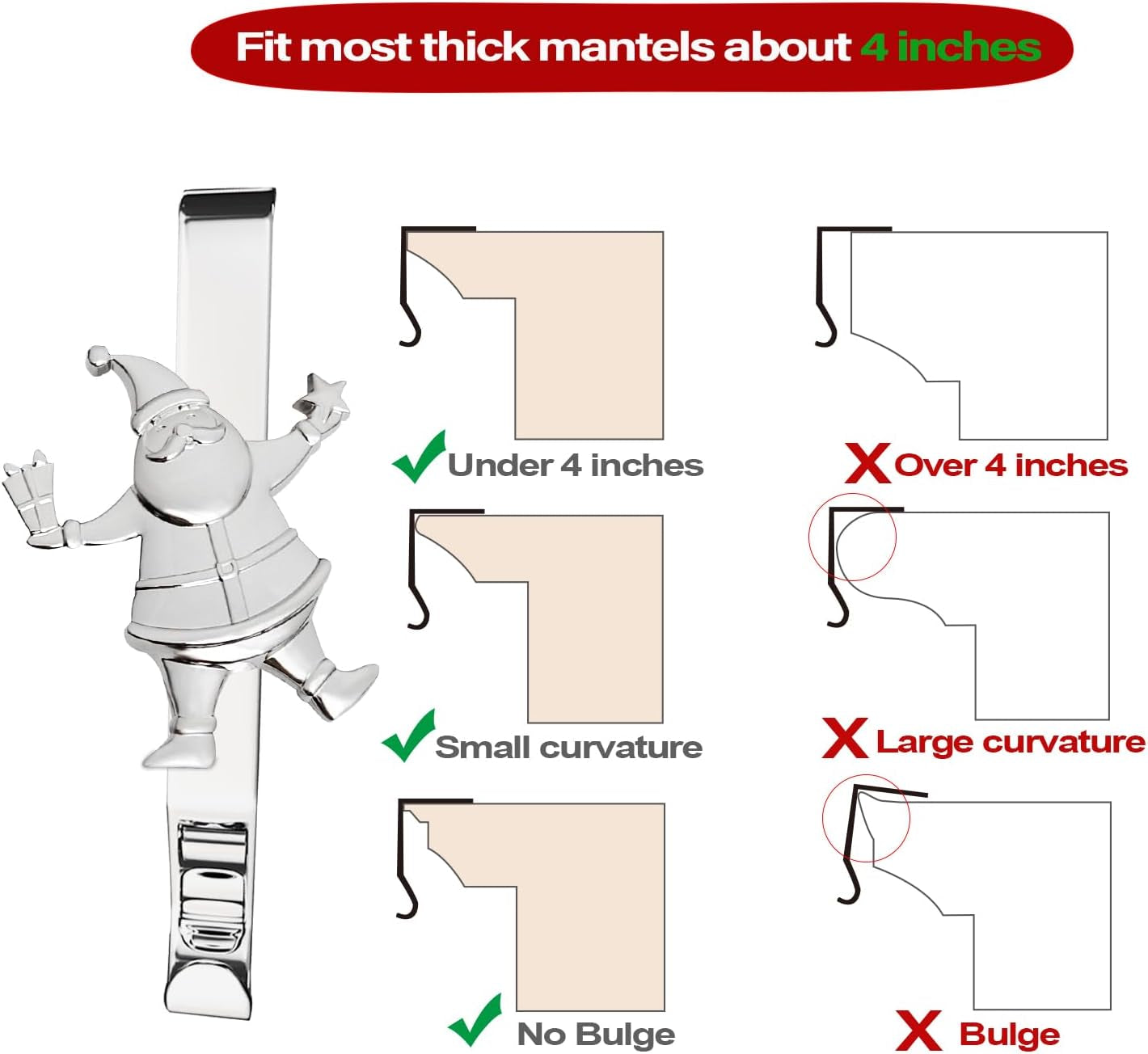 Christmas Stocking Holder for Mantle, Reusable Christmas Stocking Hooks, No-Damage Xmas Hanger for Fireplace Mantle Grip Stand Christmas Decoration Ornaments Hanging Shelf Floor