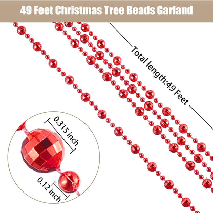 49 Ft Beaded Garland for Christmas Tree Plastic Artificial Pearl Strands String Beads Trim Roll Chain for Xmas DIY Craft Party Decoration Table Centerpiece Wedding Bouquet(Red)