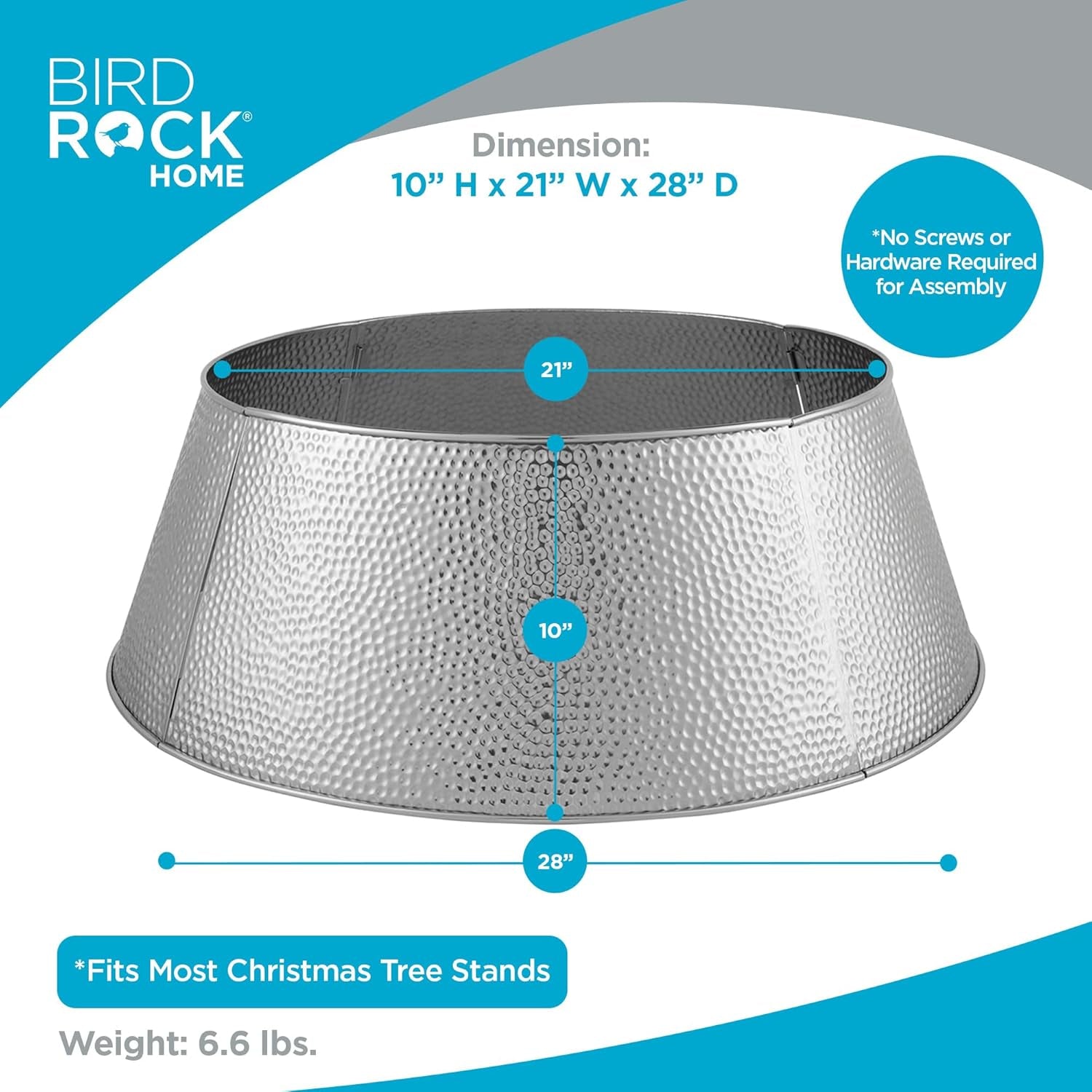 4-Panel Christmas Tree Collar - Metal Holiday Skirt Decor - Water Base Protection from Pets (Silver - Hammered)