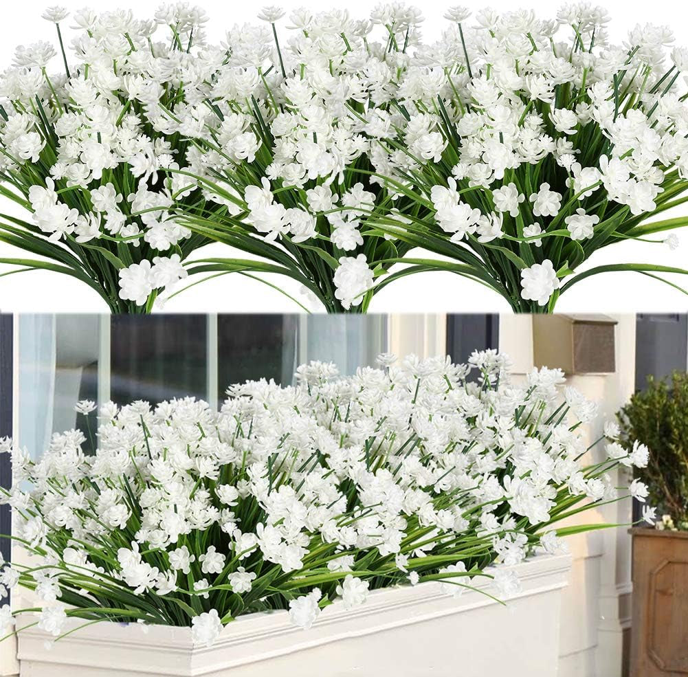 20 Bundles Outdoor Artificial Fake Flowers UV Resistant Shrubs Plants, Faux Plastic Greenery for Indoor outside Hanging Plants Garden Porch Window Box Home Wedding Farmhouse Decor (White)